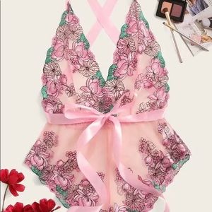 Shein Plus Floral Tie Front Mesh Teddy Bodysuit